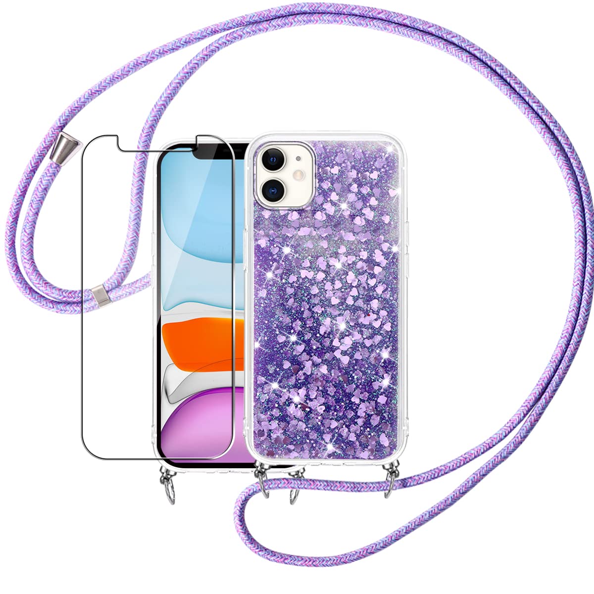 Pnakqil Crossbody Lanyard Glitter Quicksand Phone Case for iPhone 11 6.1" & 1Pc Premium Tempered Film Necklace Cover with Cord Strap, Bling Liquid Sparkle Soft Cover Holder for iPhone 11 - Purple