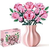 Pink Rose Flower Building Set-10pcs Roses & 2pcs Leaves Botanical Collection, Artificial Flowers for Home Décor, Rose Bouquet