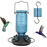 FEED GARDEN Glass Hummingbird Feeder for Outdoors Hanging, 16 OZ Humming Birds Feeders with 4 Bee Guard Feeding Ports & Built-in Ant Moat, Hummingbird Gifts for Mom, Bird Feeder for Outside, Blue