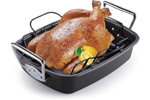 Cook N Home Nonstick Roasting Pan Bakeware Roaster with Rack, 17x13-inches, Black