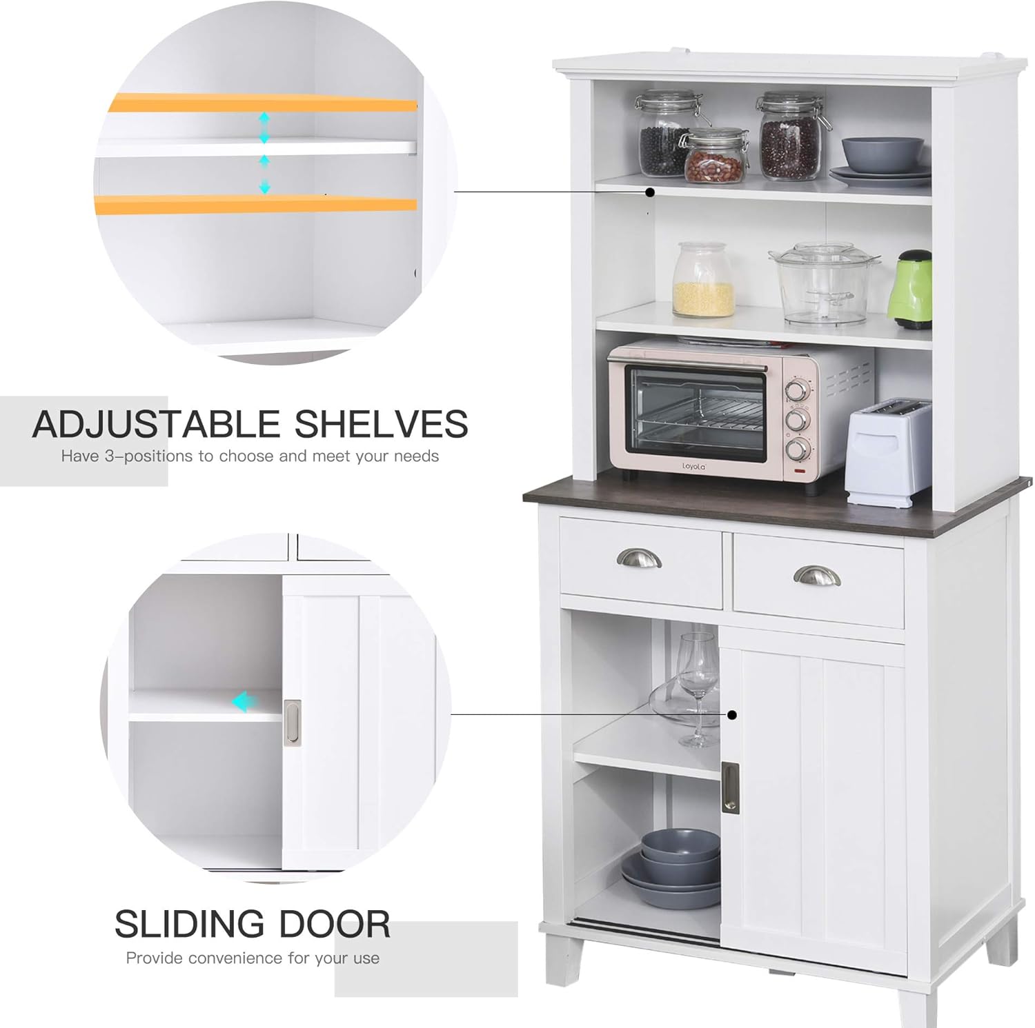 HOMCOM Freestanding Kitchen Pantry Cabinet Cupboard with Sliding Doors and Open Shelves, Adjustable Shelving, White: Furniture & Decor