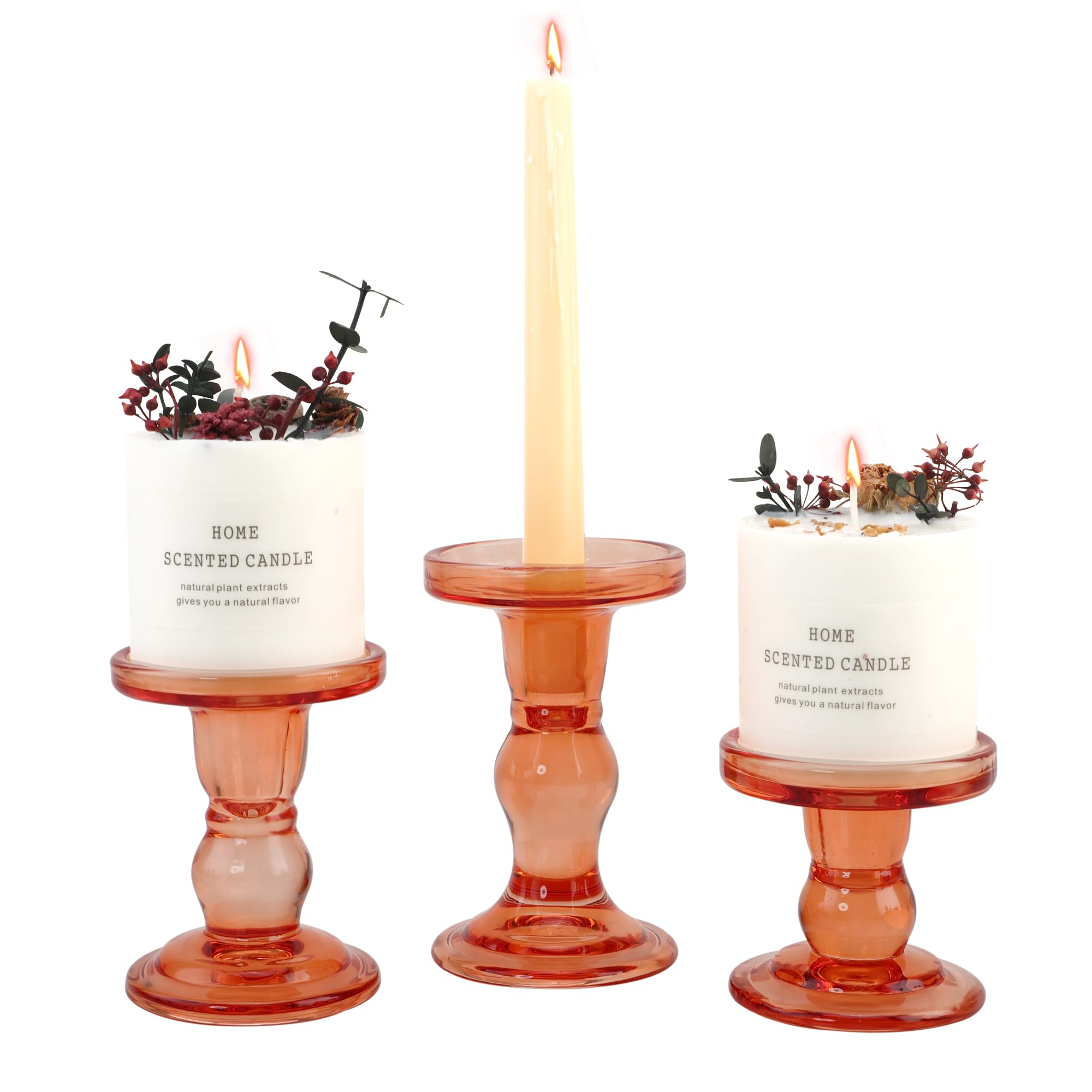 Orange Glass Candle Holder Set, QENUIITEA Set of 3 Clear Candlesticks Holders Pillar Taper Candles Tea Light Stand for Centerpieces Church Wedding Party Home Decor Dining Table