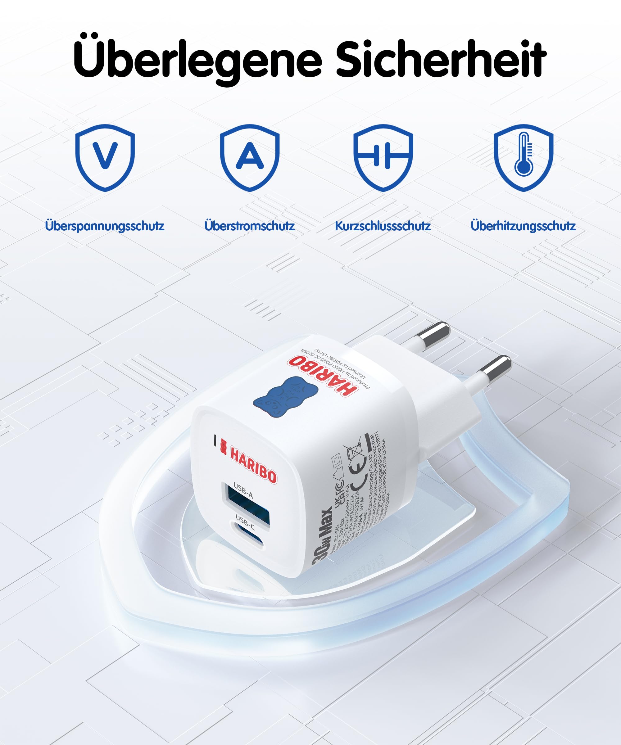 HARIBO USB C Ladegerät 30W, 2-Port GaN Netzteil USBC&USB Stecker PD Charger 5