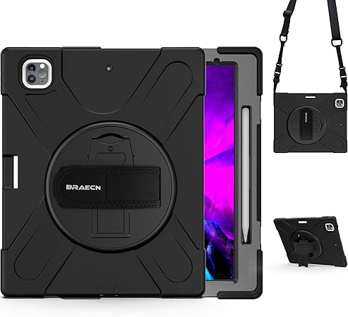 Amazon Com Braecn Ipad Pro 12 9 Case 2020 2018 4th 3rd Gen Rugged Heavy Duty Shockproof Case With Shoulder Strap Rotating Hand Strap Kickstand For Ipad 12 9 A1876 A2014 A1895 A1983 A2229 A2069 A2232 A2233 Black Computers Accessories