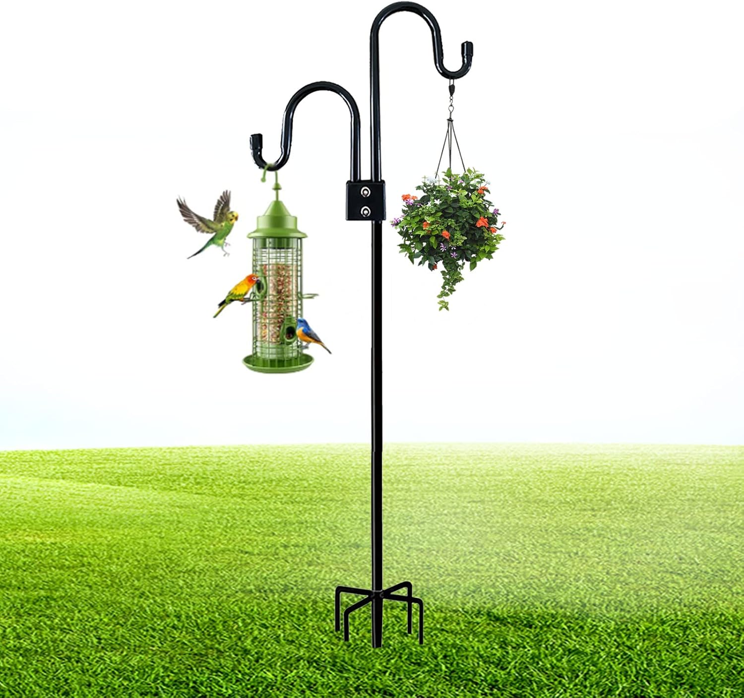 Outdoor Shepherd's Hooks - kingsea Heavy Duty Metal Bird Feeder Pole Stand with 5 Prongs, 92 inch Double Shepherds Hook for Outdoor, Hanging Bird Feeder, Hanging Plants, Wedding Flower Baskets, Solar Light Lanterns
