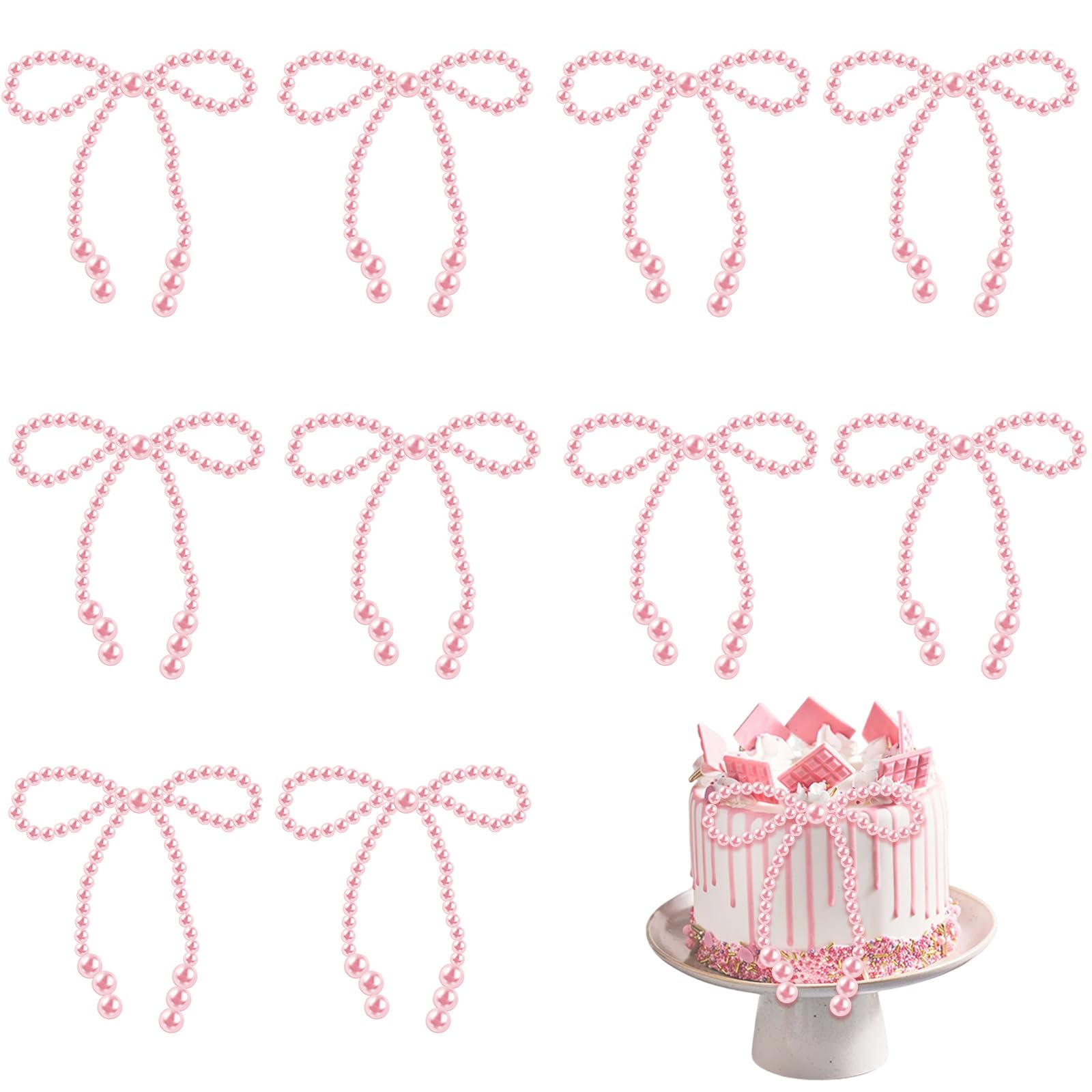 Photo 1 of 10 Pcs Pearl Bow Cake Toppers, 4.3x3.9 Inches Pink Pearl Beaded Cake Decorations, Large and Small Pearls, Elegant Cupcake Toppers for Weddings, Birthday, Valentines Day and Baby Shower Party Supplies