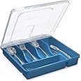 YICOCHI 𝐅𝐥𝐚𝐭𝐰𝐚𝐫𝐞 𝐎𝐫𝐠𝐚𝐧𝐳𝐢𝐞𝐫 𝐰𝐢𝐭𝐡 𝐋𝐢𝐝, Plastic Silverware Tray for Drawer, 5 Compartments Utensil Holder for Countertop, Navy Blue