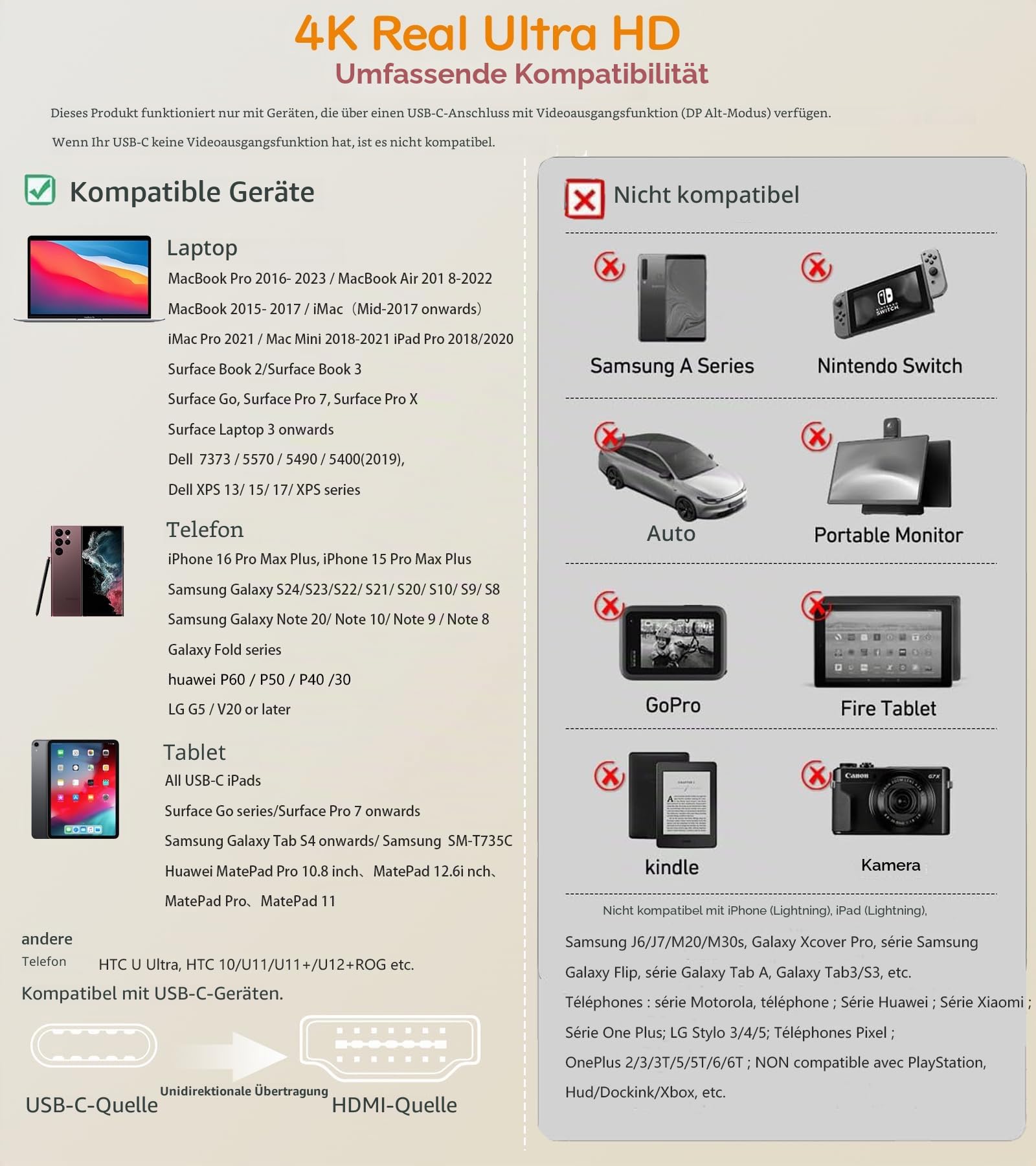 USB C auf HDMI Kabel 4K 2M (4K@30Hz)，USB Typ C zu HDMII 4K UHD Kabel Thunderbolt 5/4 Adapter Kompatibel für i Phone 17 16 15 Pro Max,MacBookPro/Air,iMac,iPad,Samsung S26 S25 zu S20,Surface,Dell,HP 9