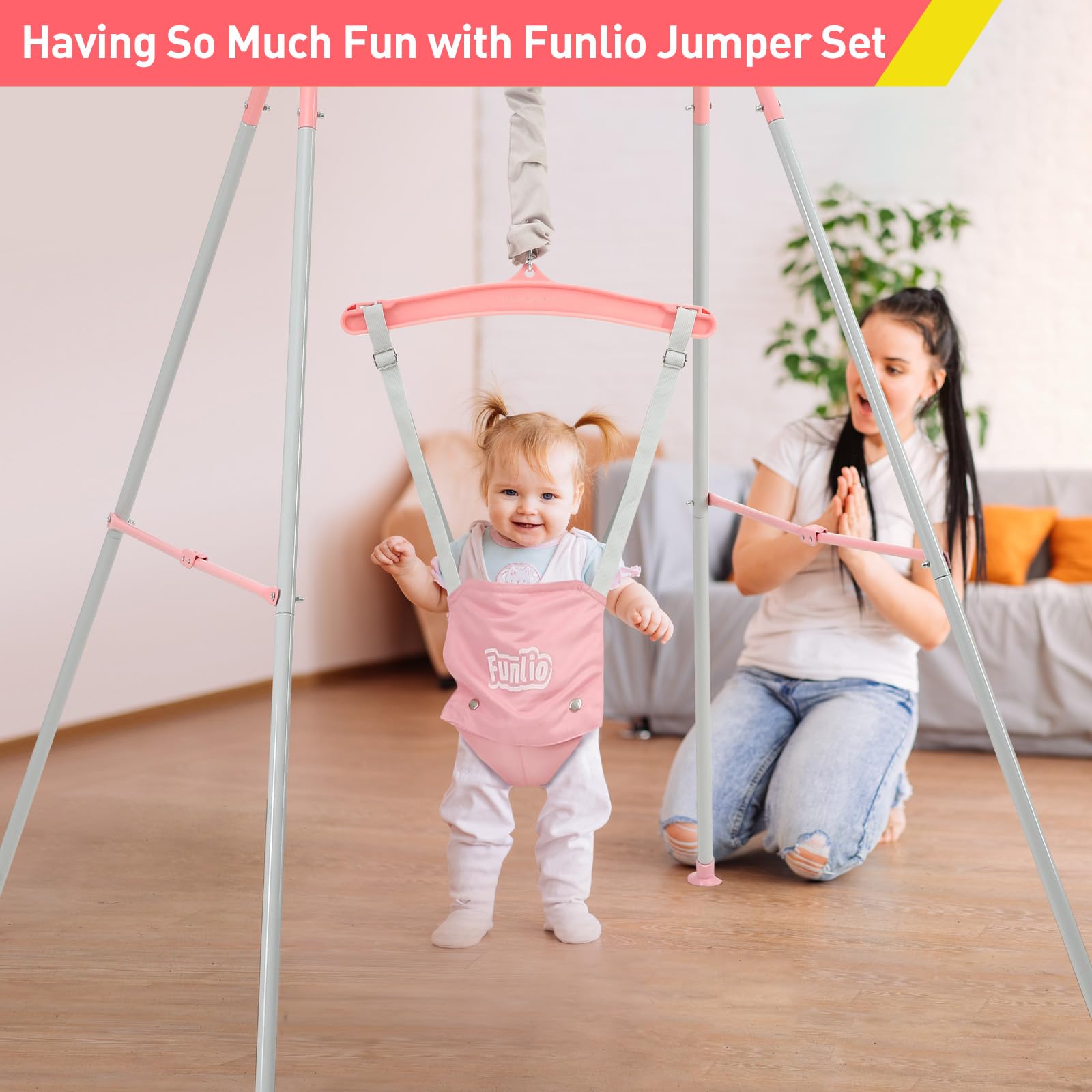 FUNLIO Baby Jumper with Stand for 6-24 Months, Infant Jumper for Indoor/Outdoor Play, Toddler Jumper for Baby Girl/Boy, with Adjustable Chain, Easy to Assemble & Store (with Stand) - Pink