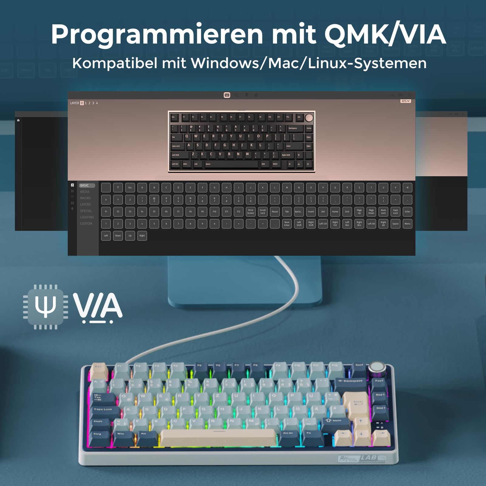 RK ROYAL KLUDGE R75 Mechanische Tastatur Kabellos 75%, Gasket Gaming Tastatur 75 Prozent TKL mit Knopf QWERTZ RGB Bluetooth/2.4G/USB-C PBT Tastenkappen QMK/VIA, Hot Swap Linearer Creamy Switches 8