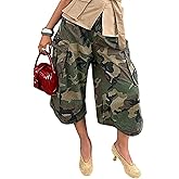 Women's Barrel Camo Pants Y2k Baggy Camouflage Army Fatigue Cargo Jorts Wide Leg Bermuda Cropped Trousers Streetwear
