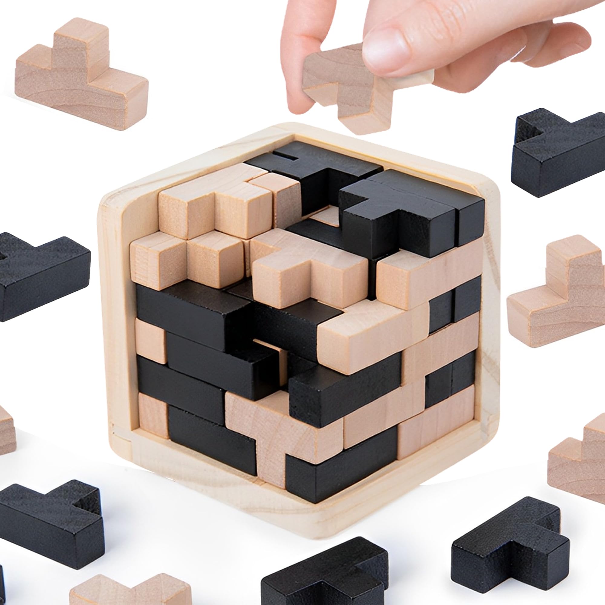 MINGZE Wooden Puzzles Brain Teaser Toy 54 T-shaped Blocks Geometric Intelligence Game Sphere Puzzles For Adults/Kids