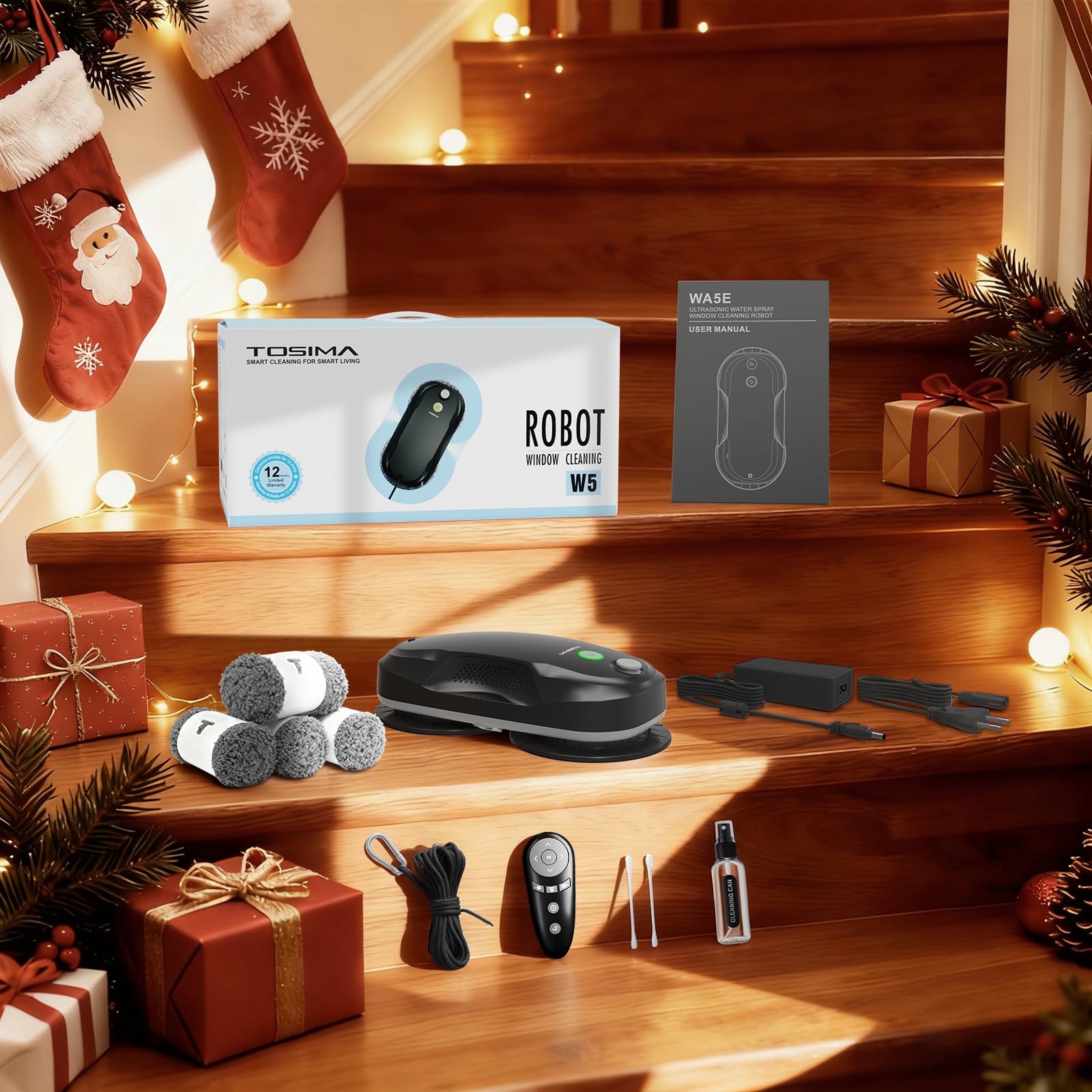 Tosima W5 Robot Limpiacristales, Limpiacristales Inteligente con Pulverización Automática de Doble Dirección con Triple Sistema de Seguridad, Navegación Inteligente, Control Remoto, para Todas Las Superficies Lisas, con 8 Trapos, Negro