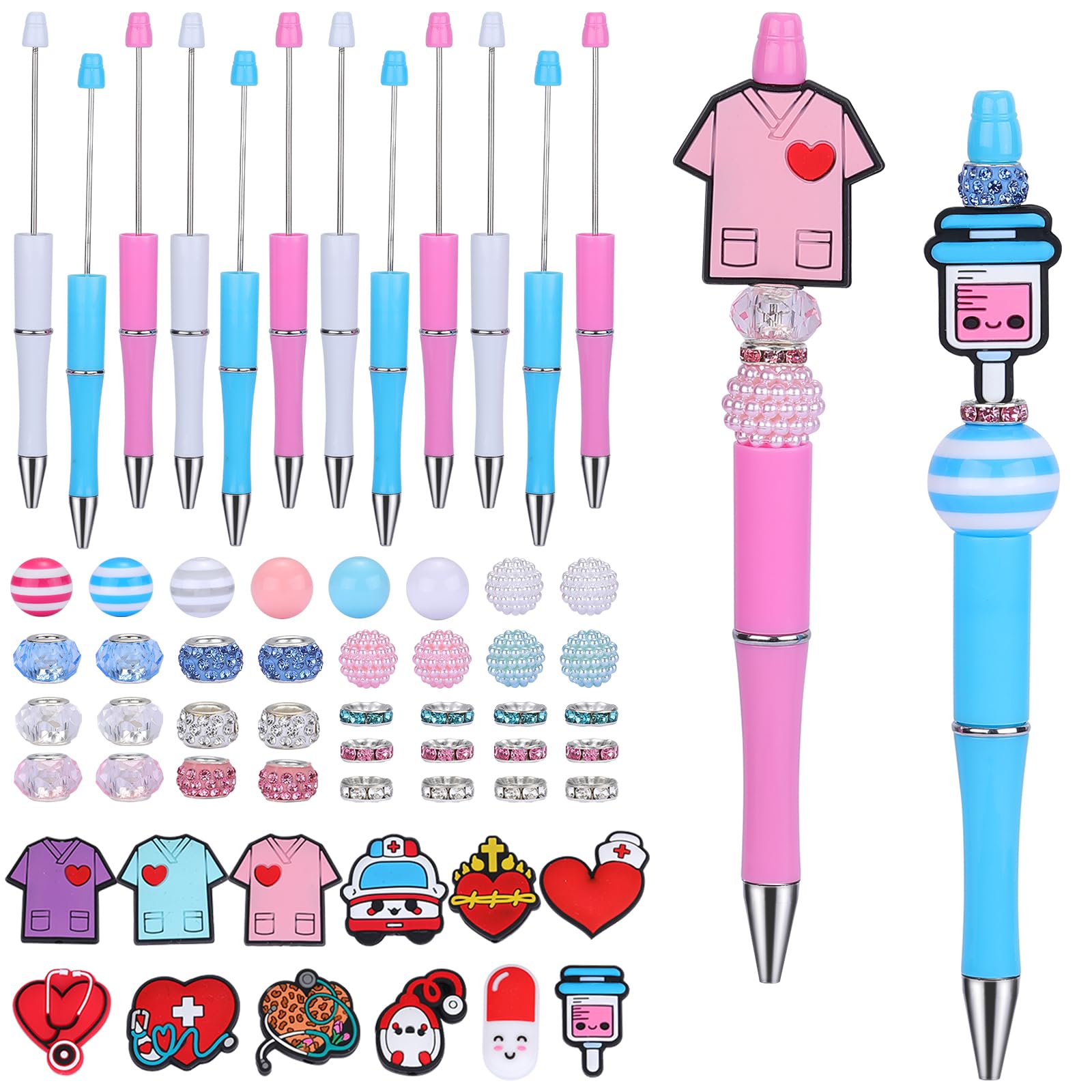 WewaySmile 12pcs Plastic Bead Ballpoint Pen DIY Kit - Beadable Pens with Beads for School Office Supplies (Blue and Pink)