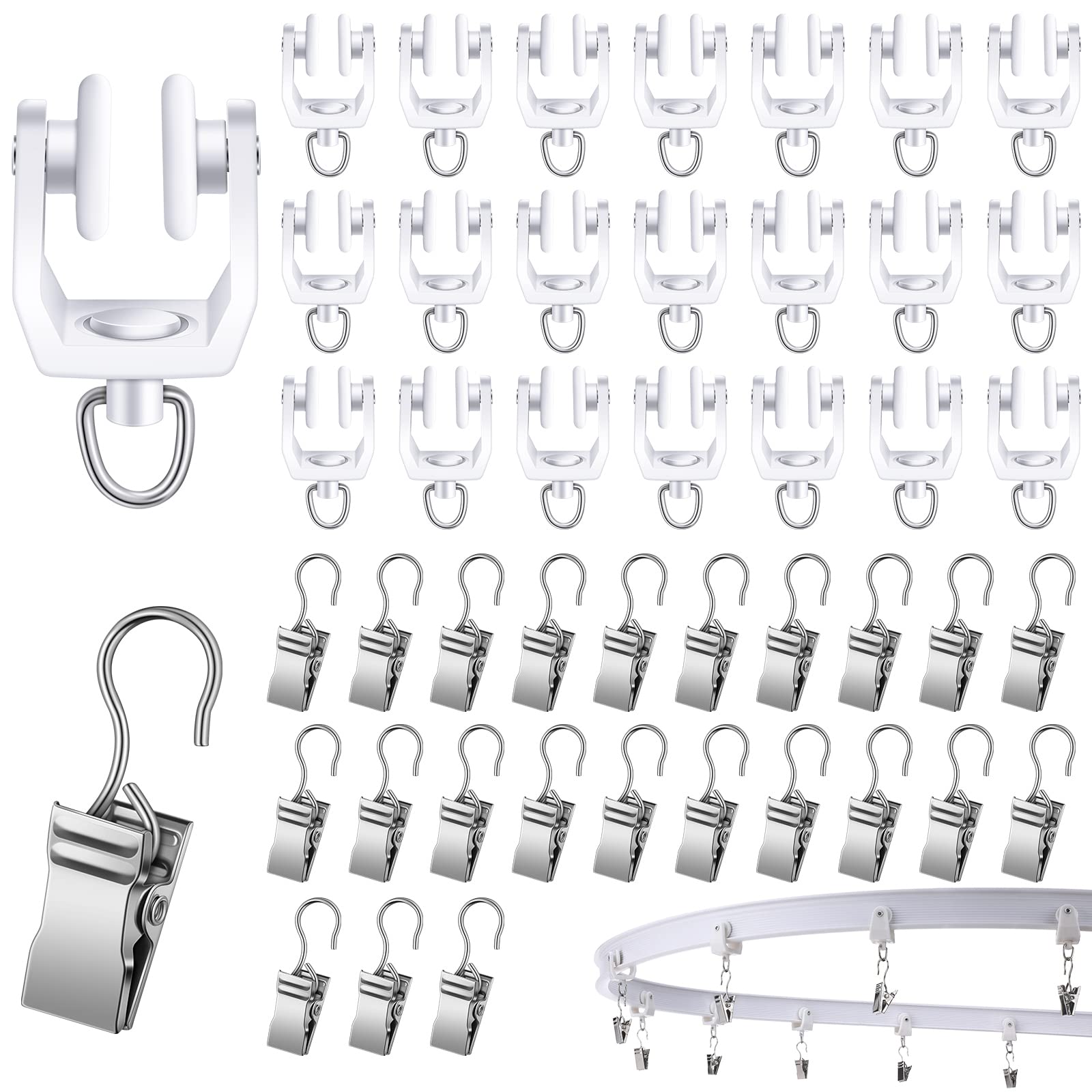Photo 1 of Amyhill 60 Pcs Curtain Track Roller Hooks Rail Ceiling Gliders Set Plastic Wheeled Curtain Carrier with Steel Glider Hooks for Shower Home Decoration
