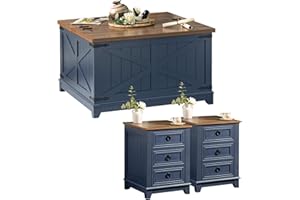 Joaxswe Farmhouse Coffee Table Set of 3, Furniture Set, Coffee Table with Hidden Storage Organizer and Nightsand 3-Piece Set, Large Country Natural Center Table Set for Living Room,Office, Home