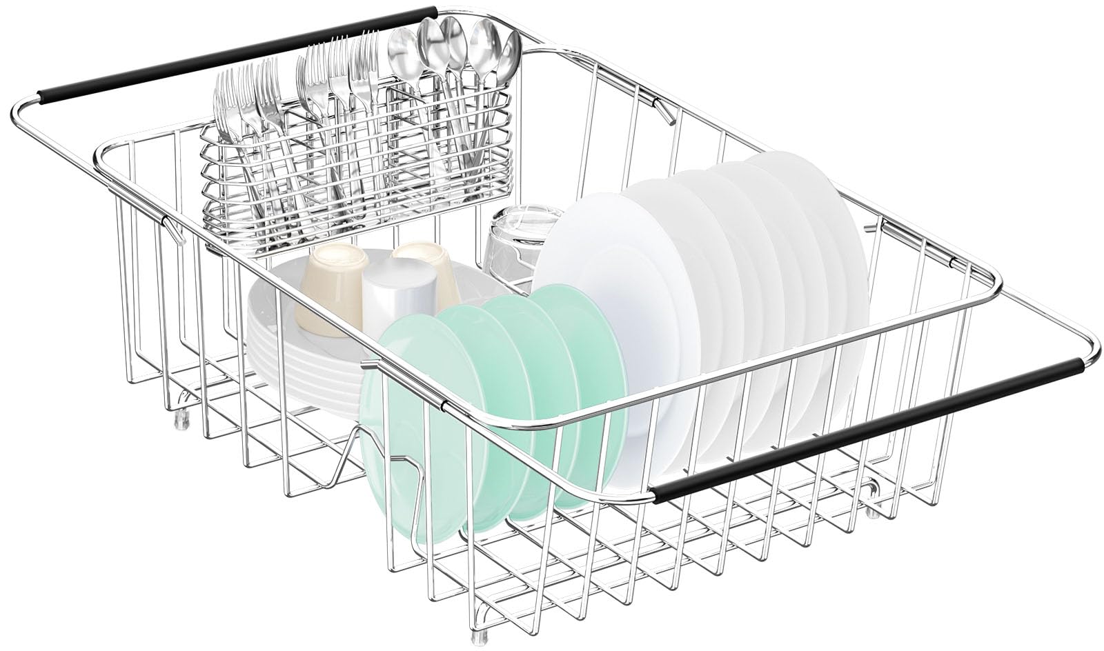 Photo 1 of Fanbsy Large Dish Drainer Rack in Sink Adjustable, Expandable 304 Stainless Steel Metal Dish Drying Rack Organizer with Stainless Steel Utensil Holder Over Inside Sink Counter, Rustproof