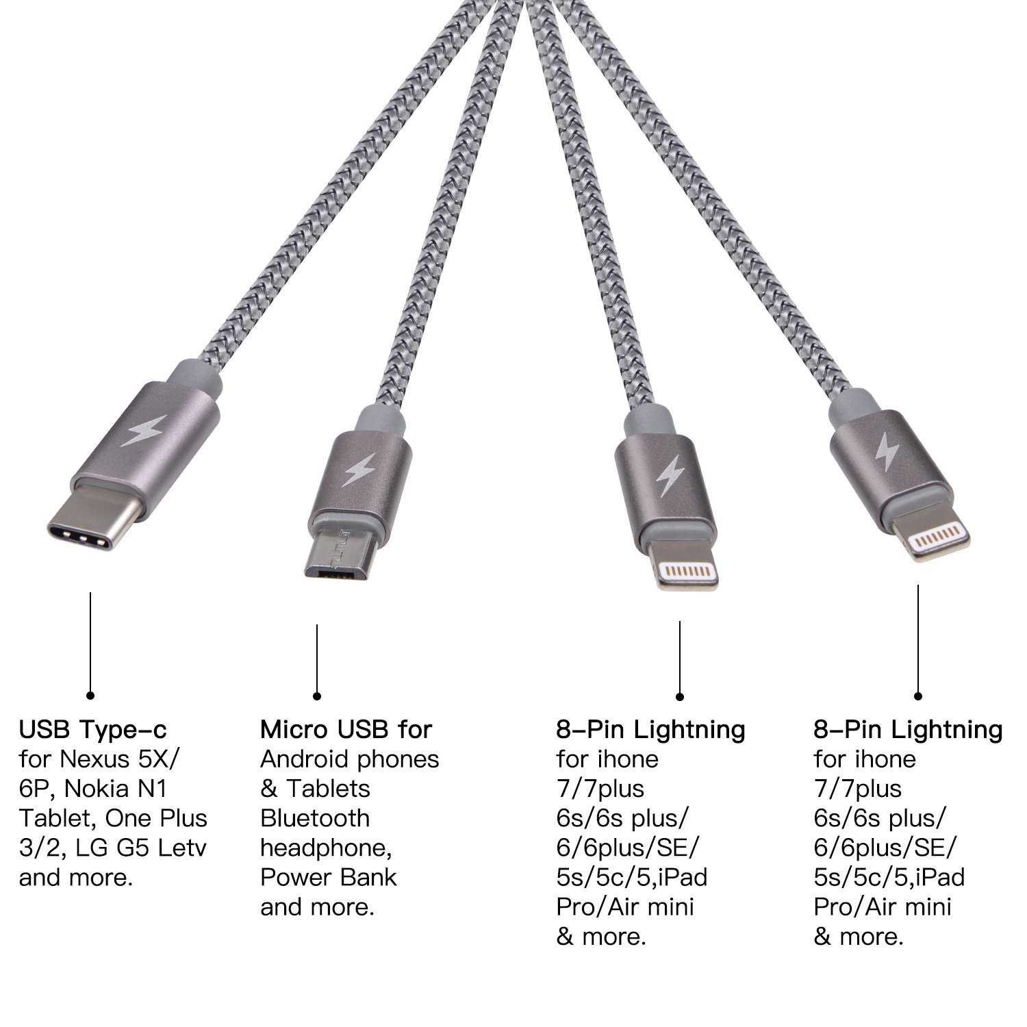 AnnToo 3.3 FT 4 in 1 Multi USB Charging Cables Nylon Braided for Mobile Devices Charging - Grey