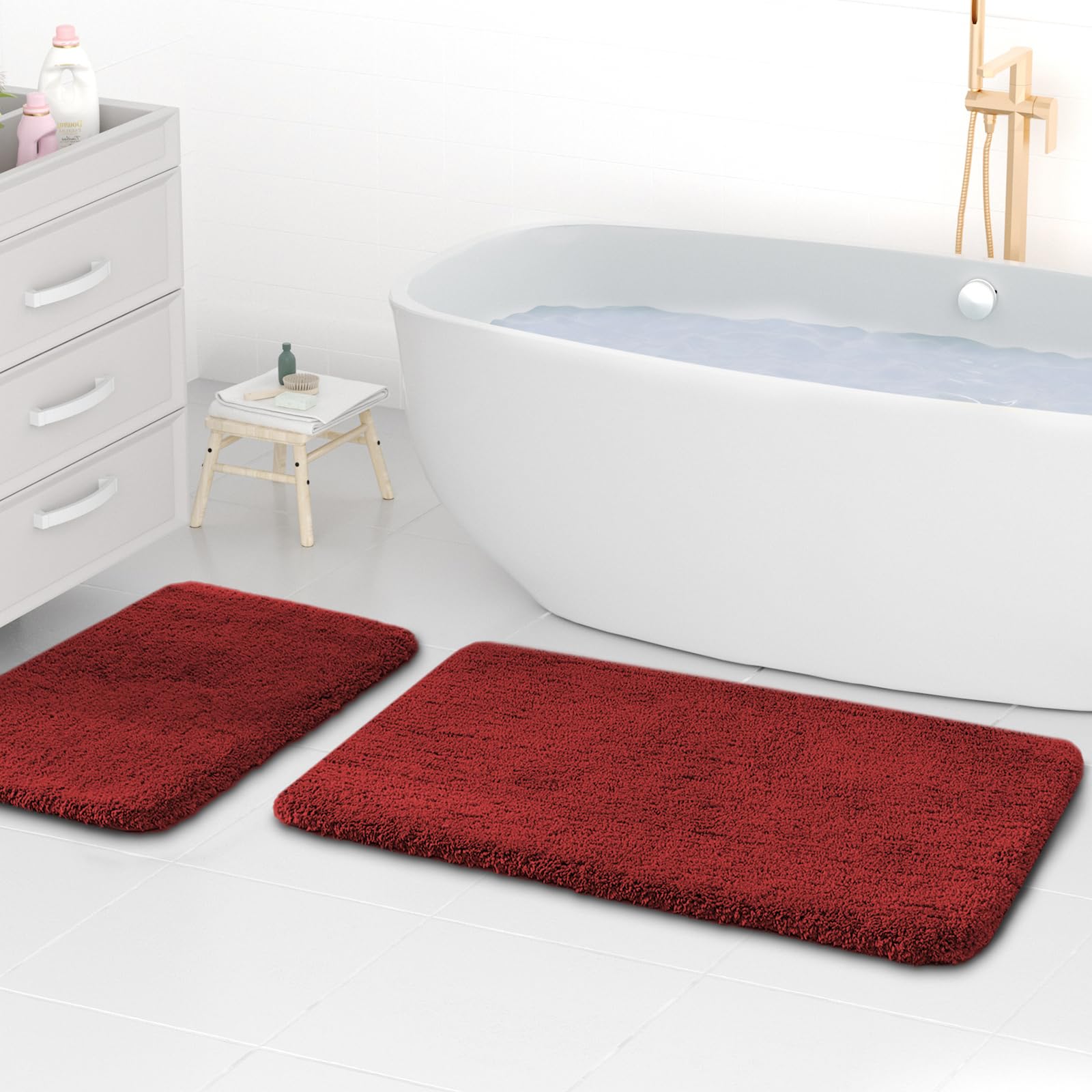 wyewye Microfibre Bath Mats, 2cm Super Thick Bath Rugs, Super Absorbent Bathroom Rugs 50x80cm and 40x60cm, Red