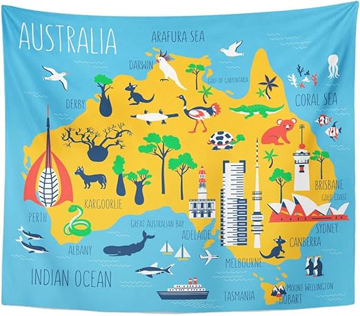 Amazon Com Emvency Tapestry Australia Cartoon Travel Map Landmark