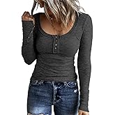 KINLONSAIR Women’s Long Sleeve Henley T Shirts Button Down Slim Fit Tops Scoop Neck Ribbed Knit Shirts