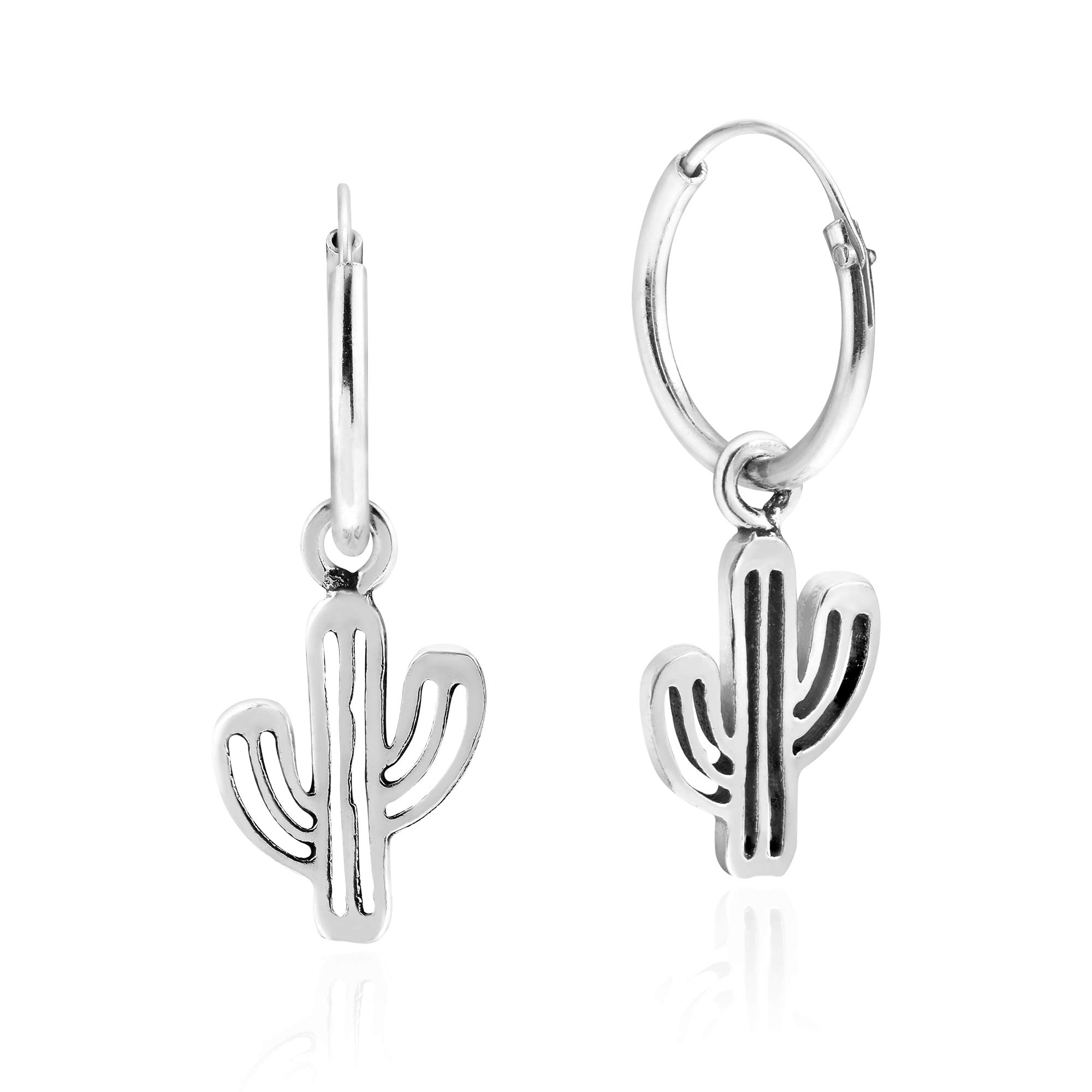 Resilient Desert Cactus .925 Sterling Silver Hoop Dangle Earrings