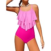 Tomolant Girls Swimsuit Color Block One Piece Swimsuit 2-Tiered Ruffle Bathing Suit Adjustable Strap Girls' Swimwear 7-16Y