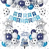 Soccer Birthday Party Decorations, Soccer Party Decorations Supplies with Blue White Balloons Happy Birthday Banner Cake Toppers 18in Foil Balloon for Boys Girls Sport Theme Party Decor