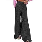 Fisoew Womens Crochet Cover Up Pants Casual Wide Leg High Waisted Hollow Out Tassel Summer Beach Mesh Bathing Suit Pants