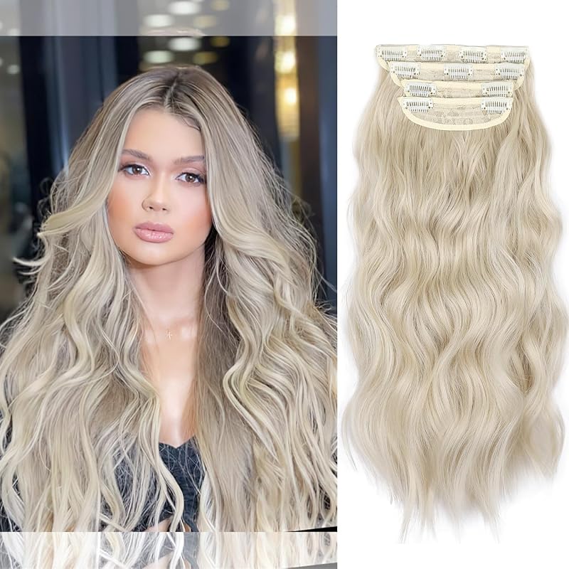 AliLeader Ash Blonde Clip-In Hair Extensions 20in 4pcs Synthetic Wavy