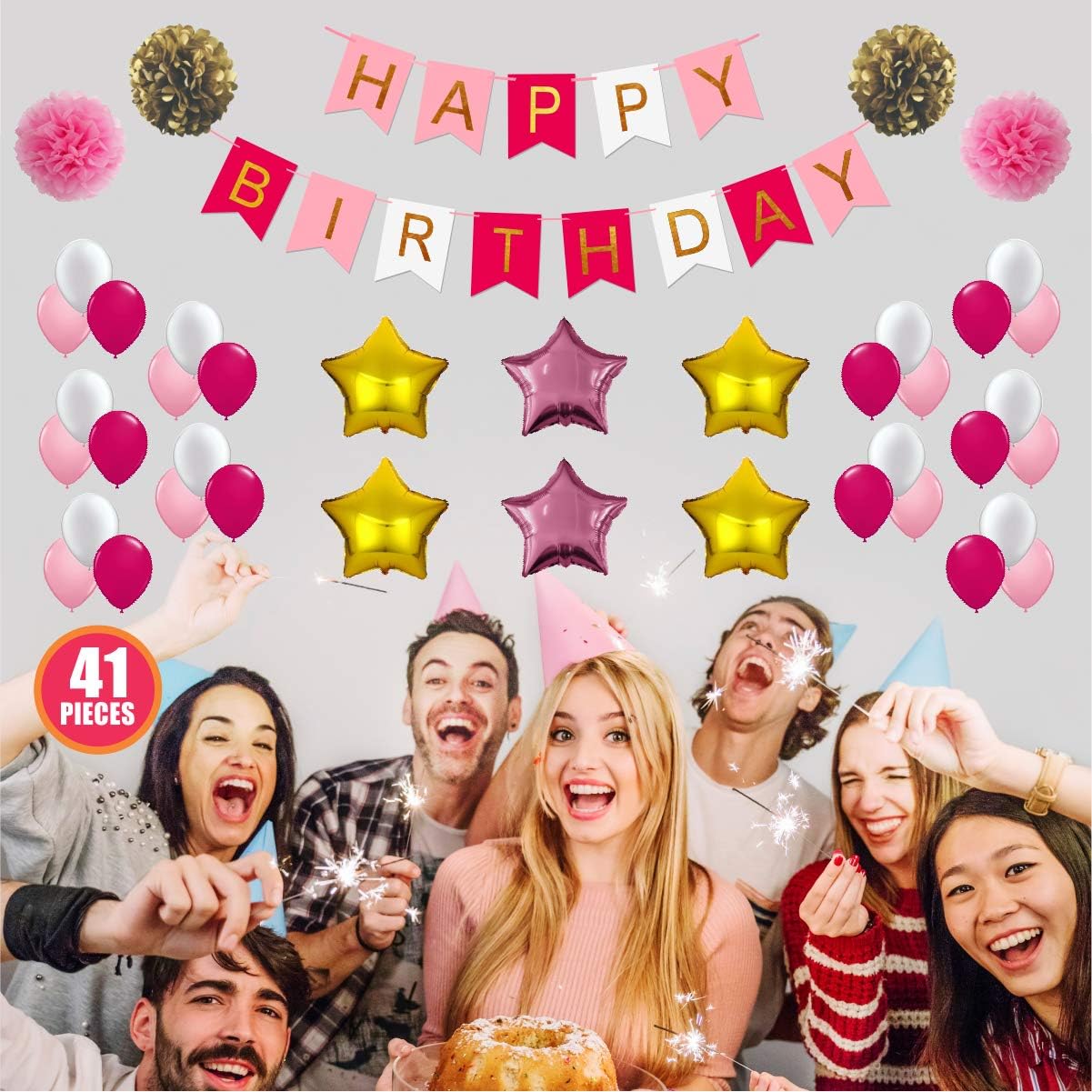 Mahogany Life Birthday Balloon Decorations Items (Pink) -Set of 41 Pieces