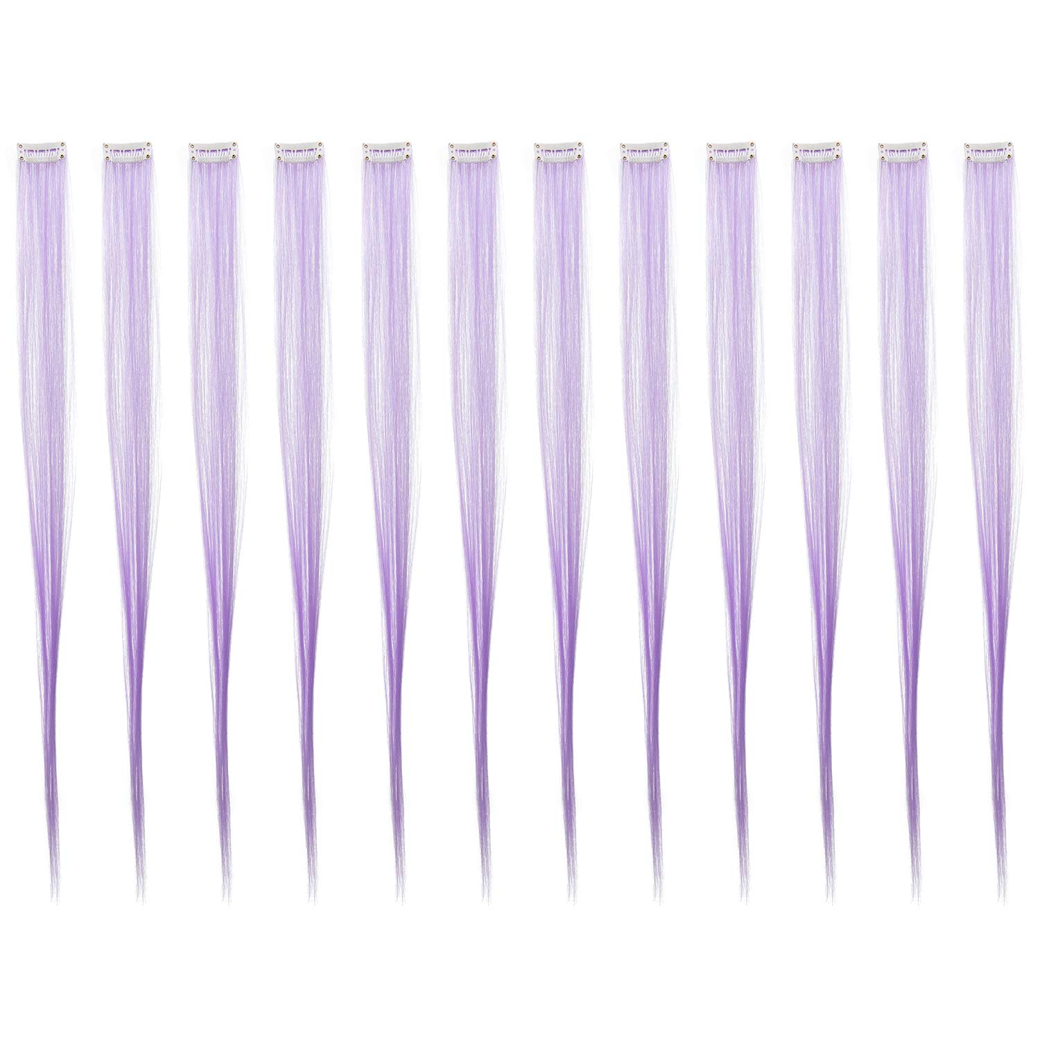 SWACC 12 Pcs Straight One Color Party Highlights Clip on in Hair Extensions Colored Hair Streak Synthetic Hairpieces (Lilac Purple)