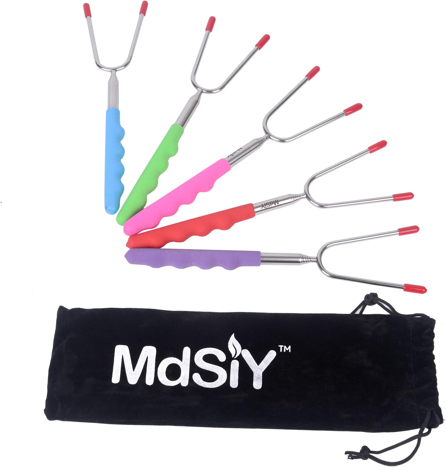 MdSiY Marshmallow Roasting Sticks & Hot Dog Smores Forks for BBQ, Fire Pit, Bonfire. Set of 5 Multi Color Safe for Kids Extendable Skewers 34" Campfire Cookware & Outdoor Kit - FDA Approved Stainless
