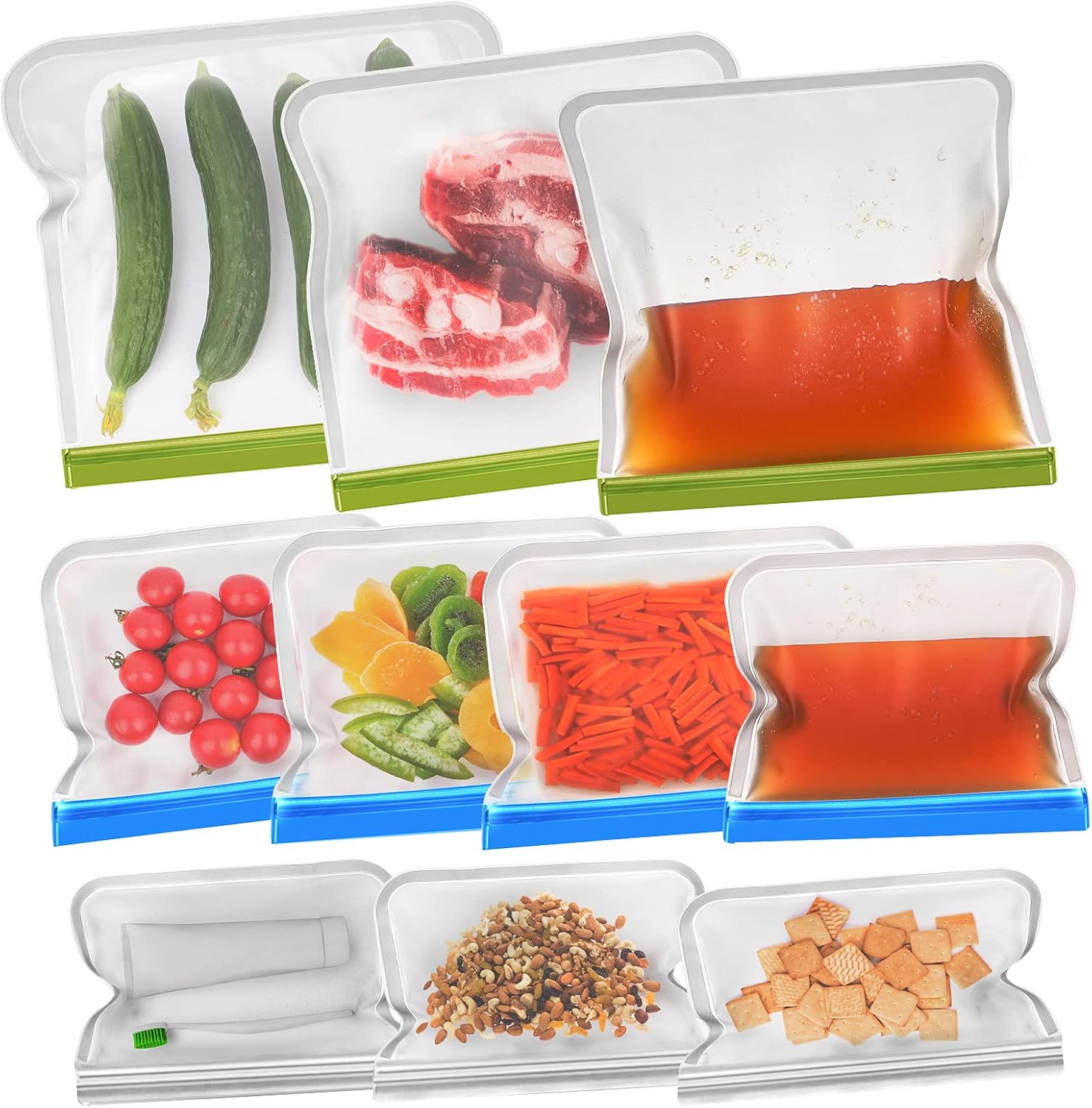 Reusable Food Storage Bags - 10 Pack EXTRA THICK BPA FREE Reusable Freezer Bags - 3 Reusable Gallon Freezer Bags + 4 Leak Proof Reusable Sandwich Bags + 3 Food Grade Kids Snack Bags