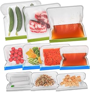 Reusable Food Storage Bags - 10 Pack EXTRA THICK BPA FREE Reusable Freezer Bags - 3 Reusable Gallon Freezer Bags + 4 Leak Proof Reusable Sandwich Bags + 3 Food Grade Kids Snack Bags