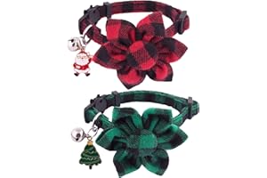 PTDECOR Christmas Cat Collars with Flower, Plaid Flower Cat Christmas Collar with Bell, Christmas Kitten Collar Breakaway, Red Green Plaid Xmas Cat Flower Collars for Cats Kittens (Red Green Floral)