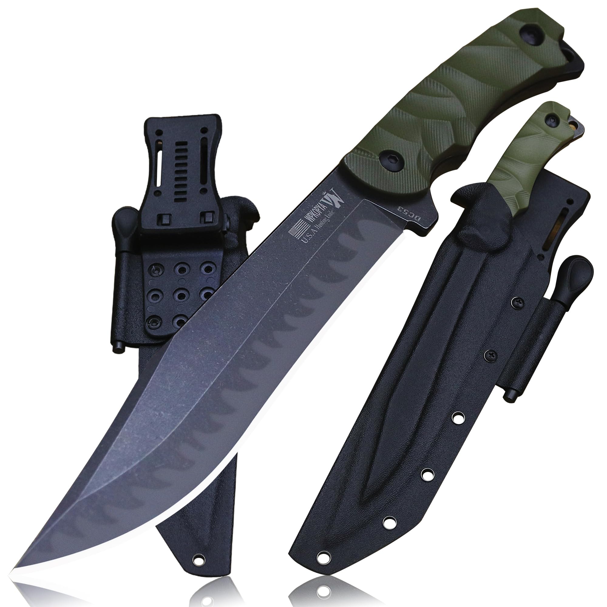 Photo 1 of WPKOPYA 12.8'' green handle DC53 steel full tang hunting knife + K sheath & Cerium Igniter, suitable for outdoor camping, wilderness survival, hunting, fishing, and EDC use