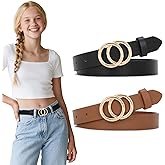 SUOSDEY 2 Pack Kids Leather Belts for Girls Solid Colors Skinny Belt for Teen Girls with Double O-Ring Buckles