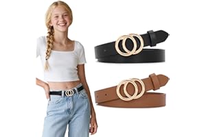 SUOSDEY 2 Pack Kids Leather Belts for Girls Solid Colors Skinny Belt for Teen Girls with Double O-Ring Buckles