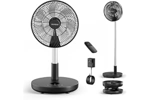 TriPole Foldable Standing Fan 12" Portable Rechargeable Battery Pedestal Fan with Remote, Timer Setting, Height Adjustable, for Home Office, 6 Speed, 12000mAh (Black)