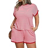 Beautife Womens Plus Size Lounge Set 2 Piece Outfits Stripe Short Sleeve Shirts Tops Shorts Summer Casual Loungewear