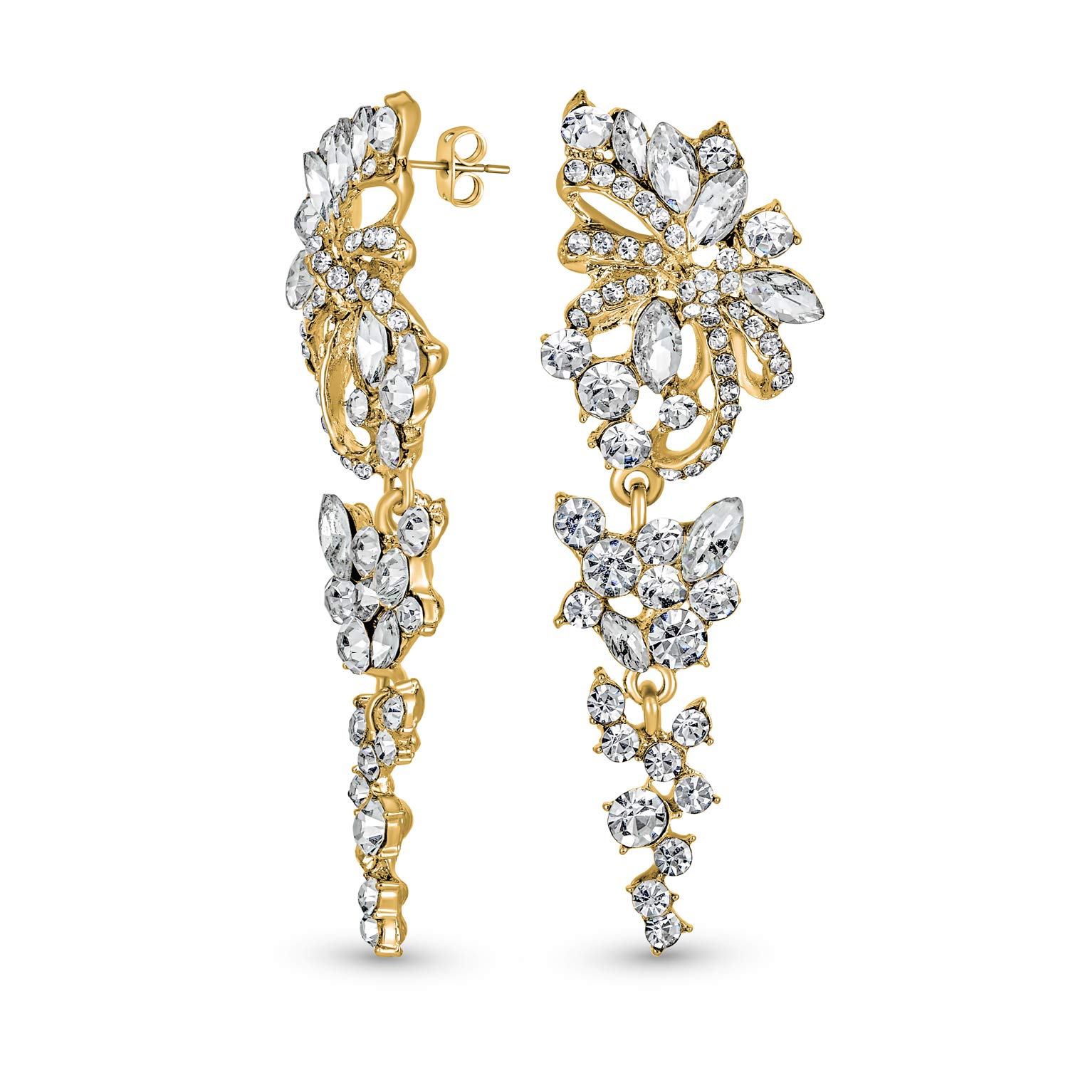 Bridal Wedding Dangling Holiday Party Waterfall Long Flower Bow Crystal Prom Chandelier Statement Earrings For Women Yellow Gold Plated