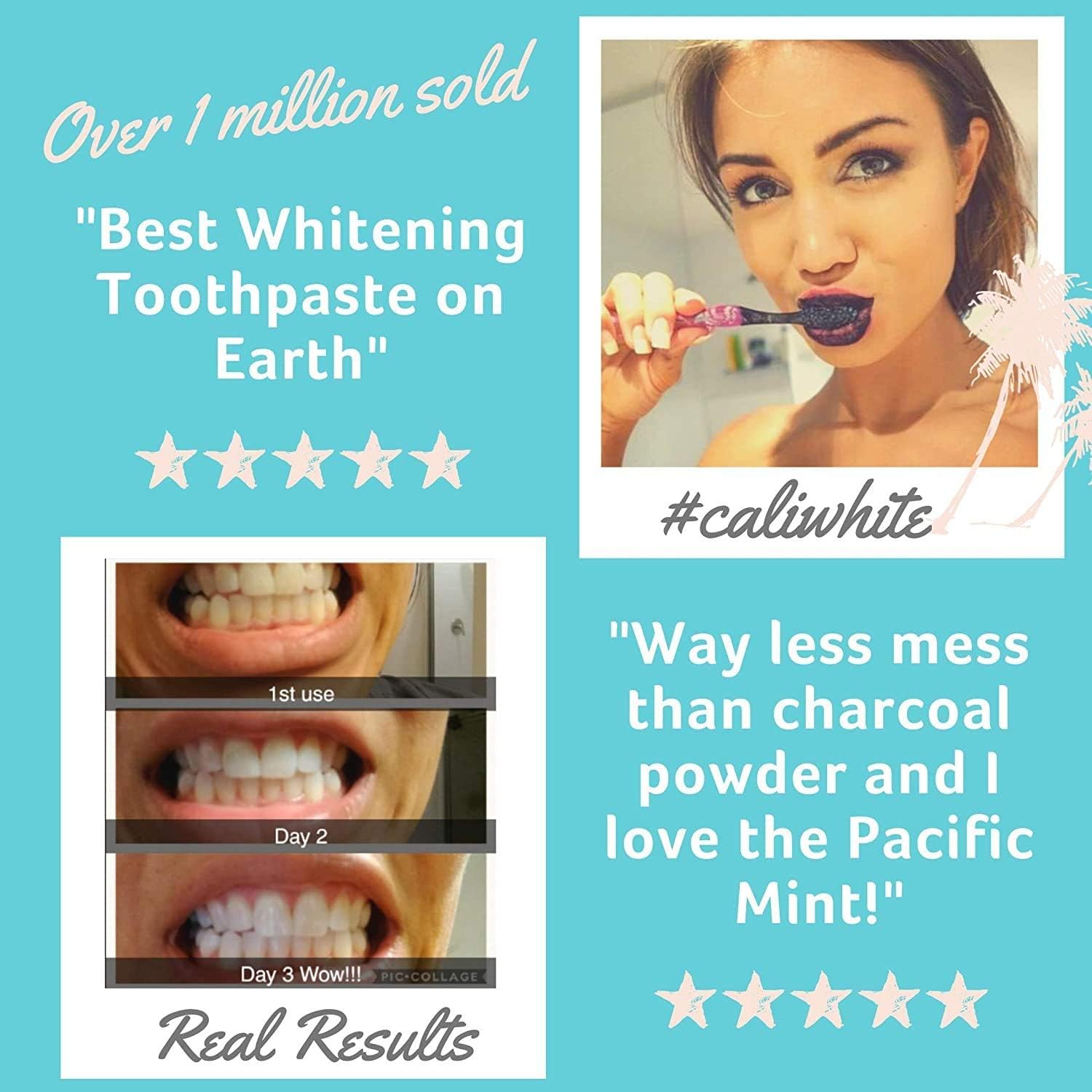 Cali White Activated Charcoal & Organic Coconut Oil Teeth WHITENING Toothpaste, Made in USA, Best Natural Whitener, Vegan, Fluoride Free, Sulfate Free, Organic, Black Tooth Paste, Pacific Mint (4oz) : Health & Personal Care