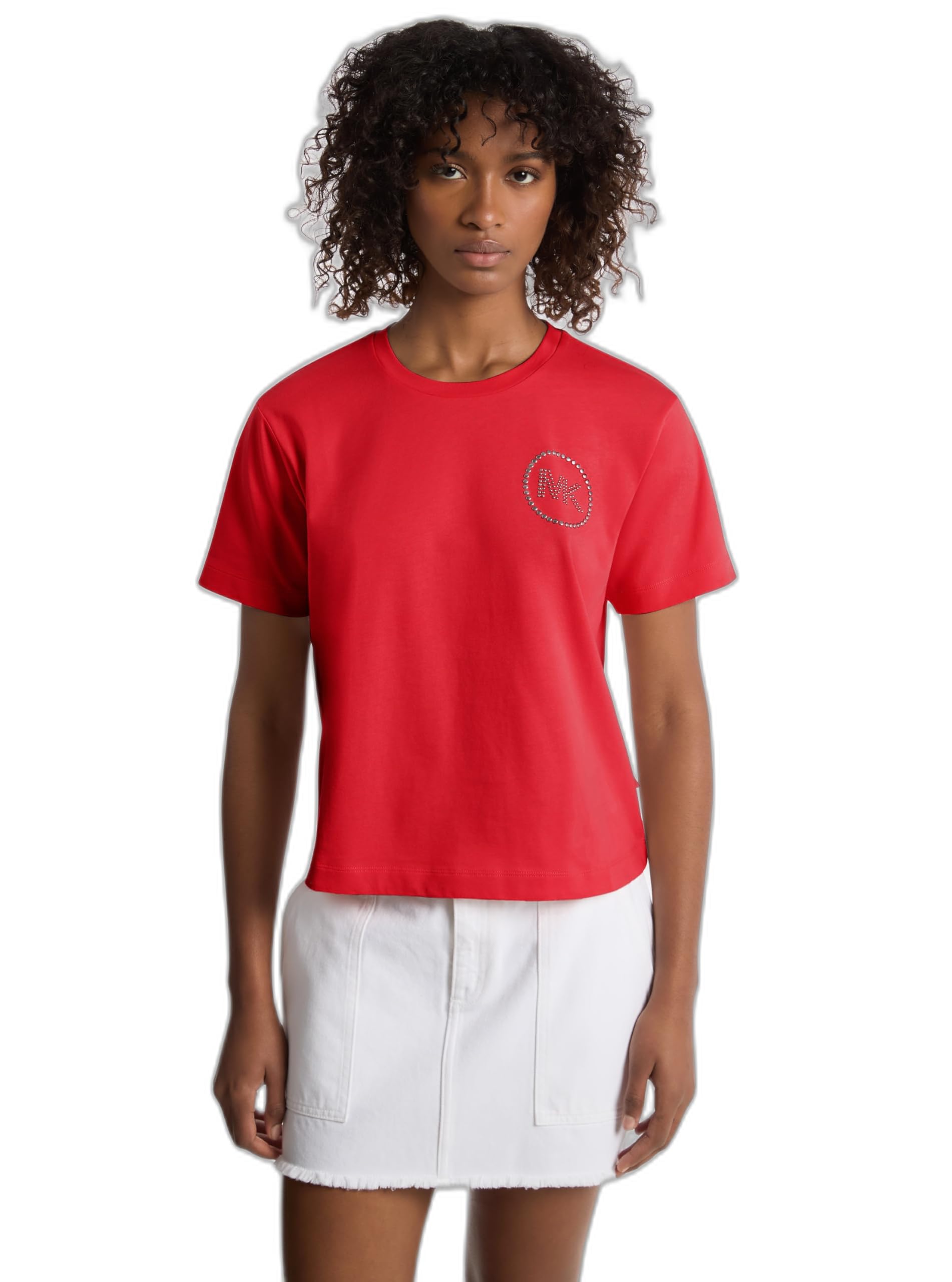 Michael Kors Women’s Stud MK Charm Crop Tee, Crimson, Medium