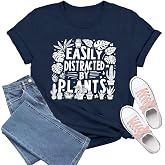 TIEEI Garden Shirts for Women Plant Lover Gardener T-Shirt Easily Distracted by Plants Tee Tops