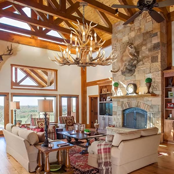 VIMATTO FARMHOUSE DEER CHANDELIER DOUBLE LAYER 10+5 LIGHT BROWN ANTLER CHANDELIER LIGHTING, VINTAGE RUSTIC ANTLER LAMPS RUSTIC ART DECO STYLE LIVING ROOM DINING ROOM (10+5 LIGHT ARMS + 3 ARMS)