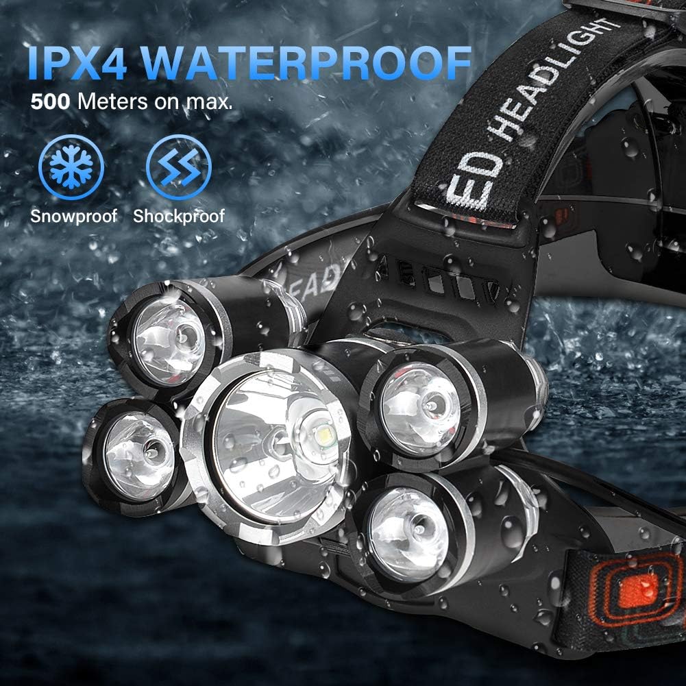 Headlamp, 5 LED Head Flashlight, 18650 USB Rechargeable Head Lamp, LED Headlight for Work Waterproof, Adjustable Headlamps for Adults, Hard Hat Light for Camping, Running, Fishing - - 