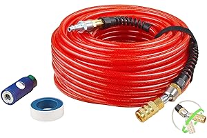 SANFU Air Compressor Hose 1/4 Inch x 100 Feet Flexible Reinforced Smooth Polyurethane(PU) Air Hose 300PSI, Non-Kinking Design, 1/4" 360 Swivel Brass Coupler and Plug,1PCS Safety Coupler, Red