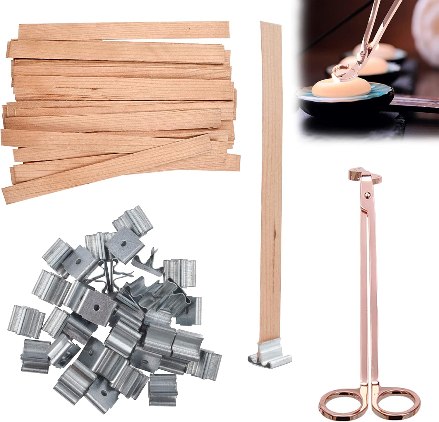 50 Pcs Wooden Wicks for Candle Making Rose Gold Candle Wick Trimmer and Iron Stands, Natural Wood Wicks for Candlemaking, Soy Wax Flakes for Candle Wax Making, Candle Making Supplies