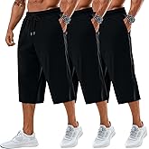 Neer 3 Pack Men's Baggy Capri Pants Plus Size Below Knee Casual 3/4 Shorts Big and Tall Summer Drawstring Pants with Pockets